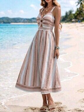 New Striped Cut Out Midi Cami Dress Blue Tan White Multi